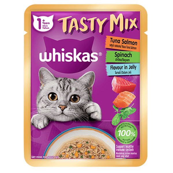 پوچ گربه Tasty Mix ویسکاس طعم ماهی تن و سالمون با اسفناج در ژله