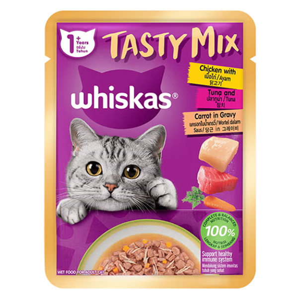 پوچ گربه Tasty Mix ویسکاس طعم مرغ با ماهی تن و هویج در سس